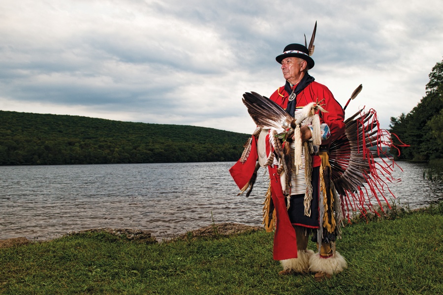 Lenape tribal member Rick Quiet Hawk Welker, photographed at a powwow at Mauch Chunk Lake. Photograph by Kevin York