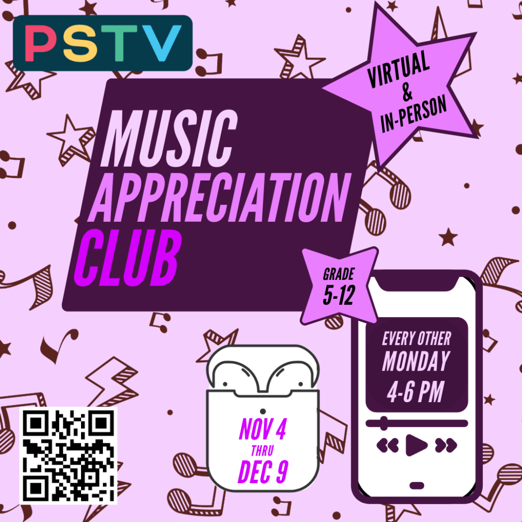 Music Appreciation Club Flyer, Every other Monday from 4 to 6 pm starting October 7th ending December 9th