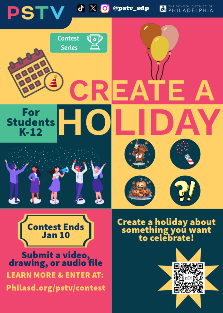 Flyer for the Create a Holiday student contest. Submissions Due Jan 10