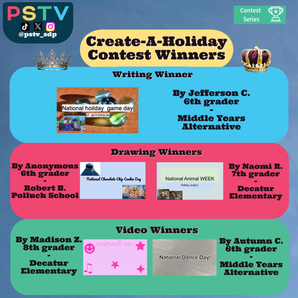 Winners of the Create a Holiday Contest, 1 winner from the drawing category and the writing category and 2 winners from the video category. previews of their submissions are shown